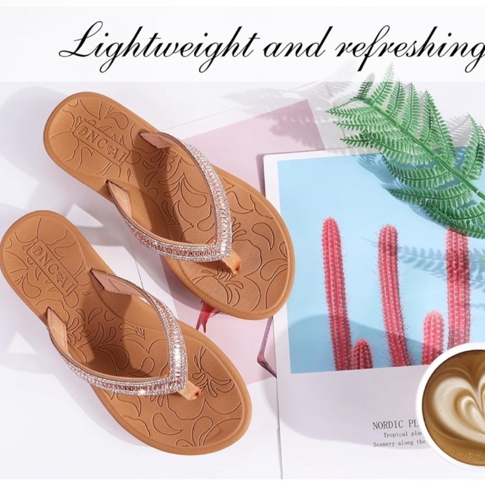Rhinestone Embellished Tan Flip Flops